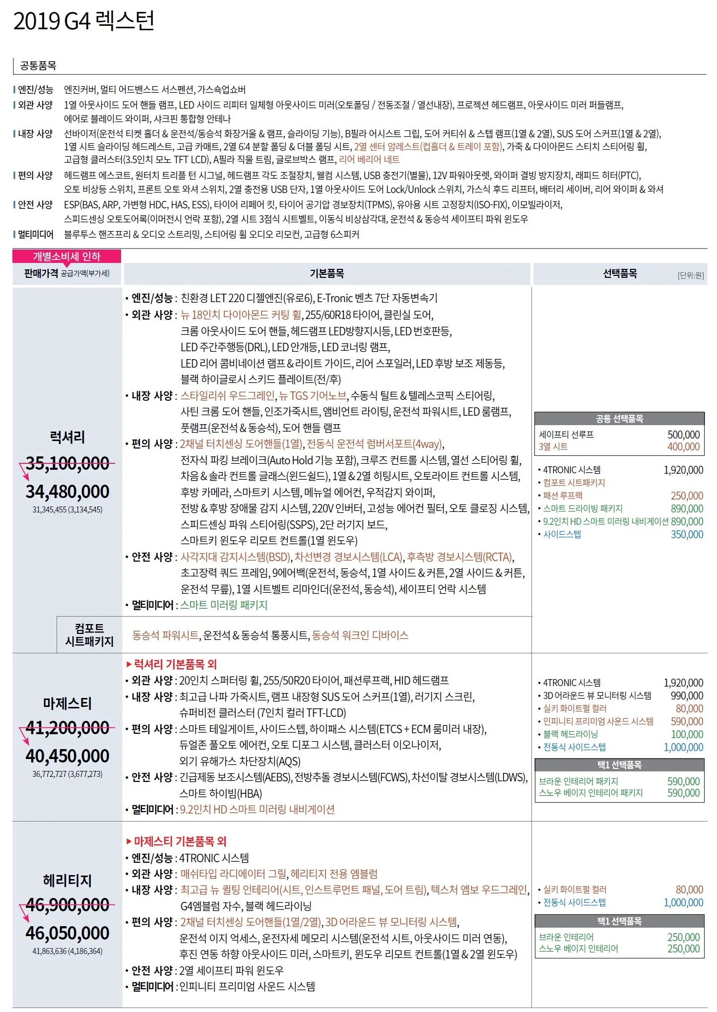 렉스턴 가격표 (디젤, 2019년형, 2023 아카이브) 1쪽
