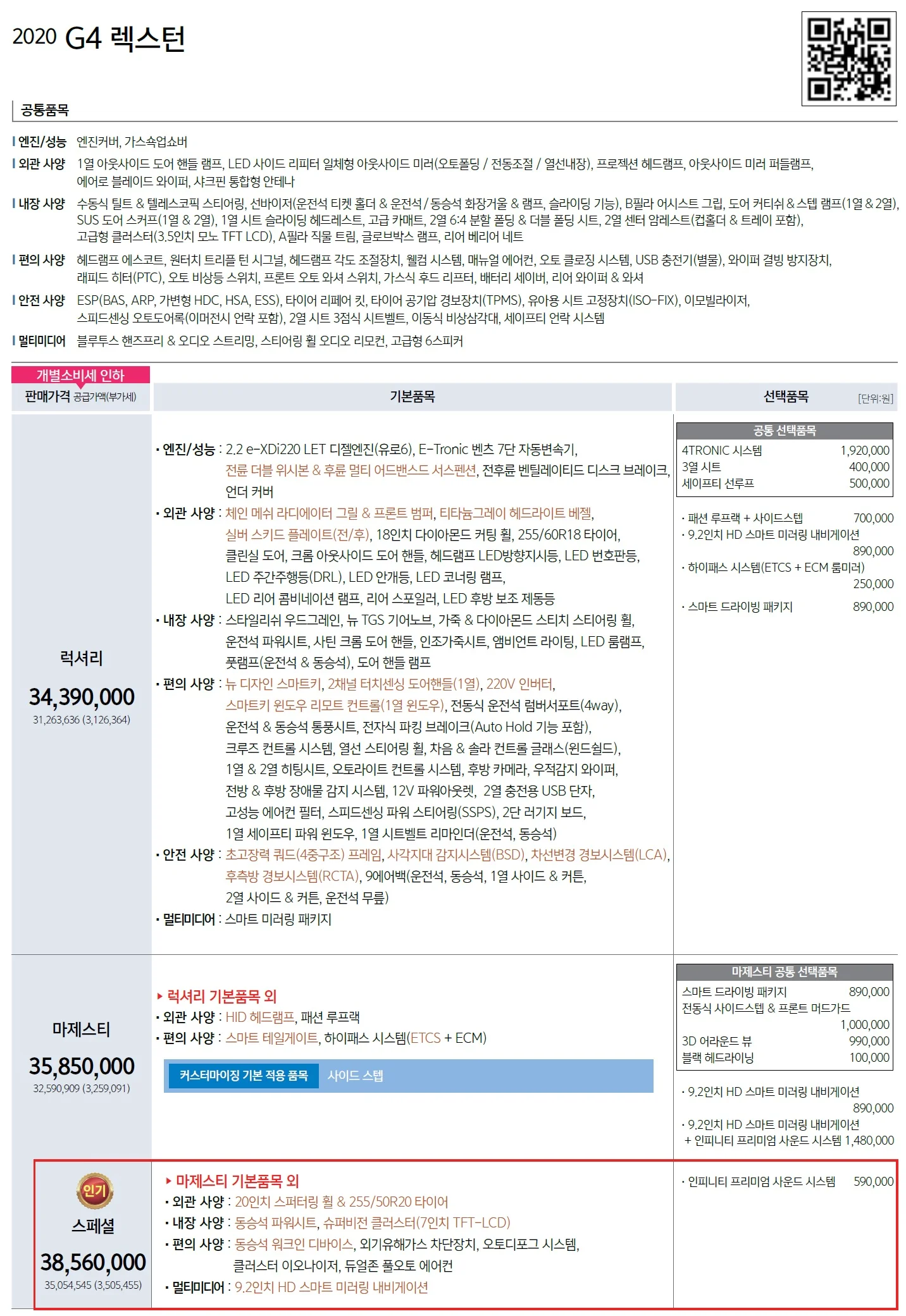 렉스턴 가격표 (디젤, 2020년형, 2023 아카이브) 1쪽
