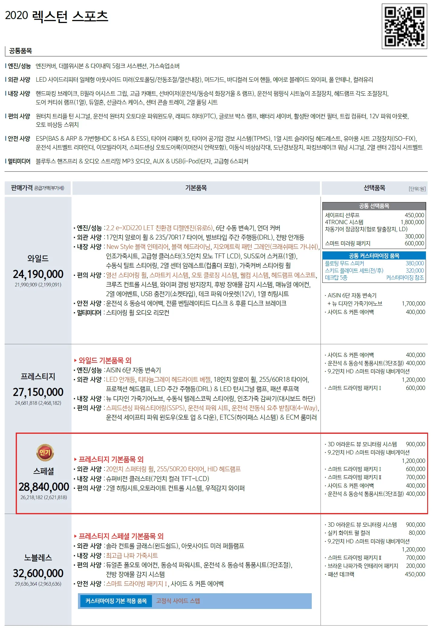 렉스턴 스포츠 가격표 - 2019년 09월 1쪽