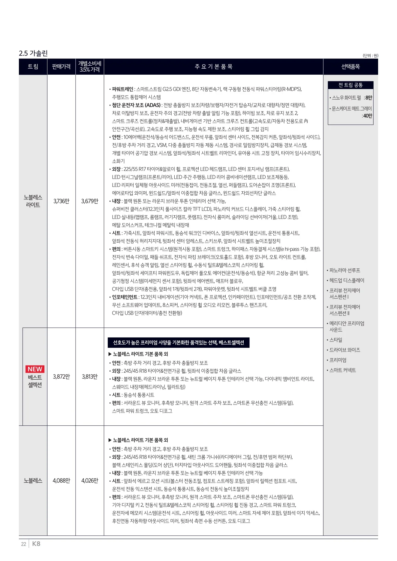 2025년 12월 K8 신차가격표 3쪽