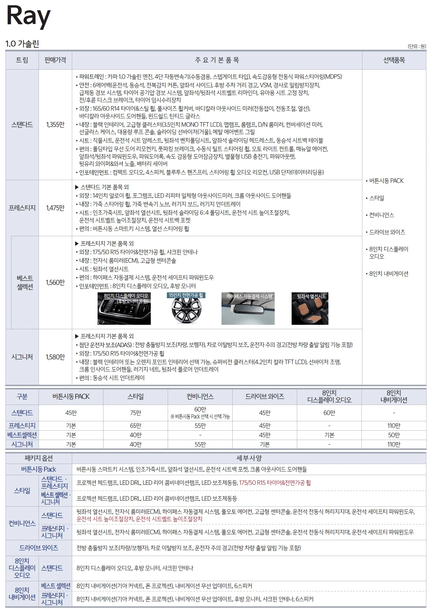 레이 가격표 (가솔린, 2022년형, 2023 아카이브) 1쪽