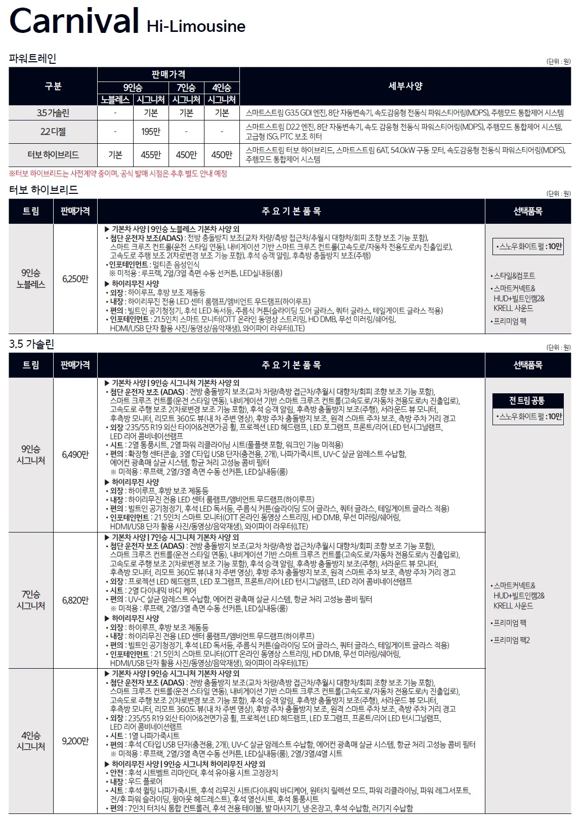 카니발 하이리무진 가격표 - 2023년 11월 1쪽