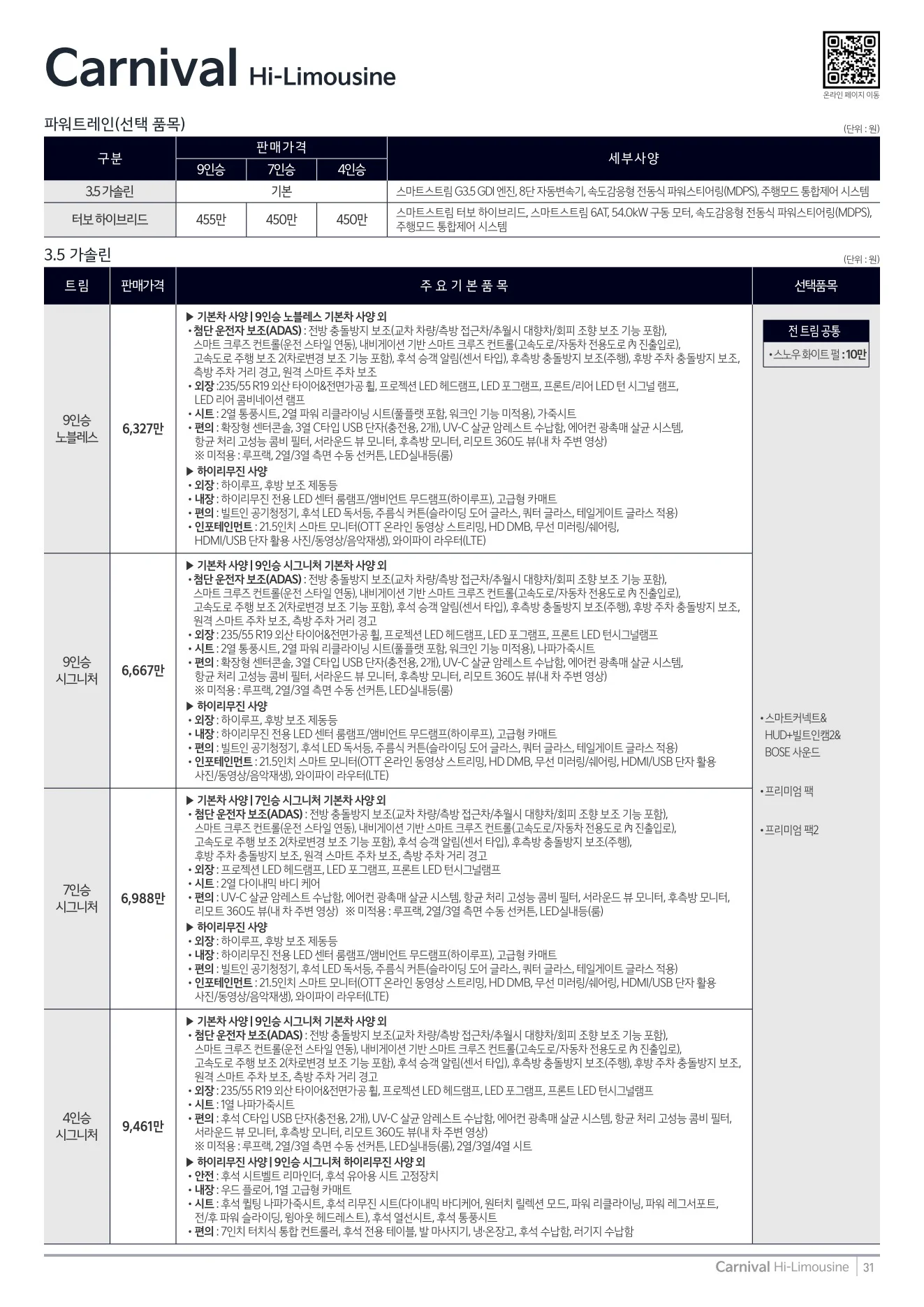 2026년 7월 카니발 하이리무진 신차가격표 1쪽