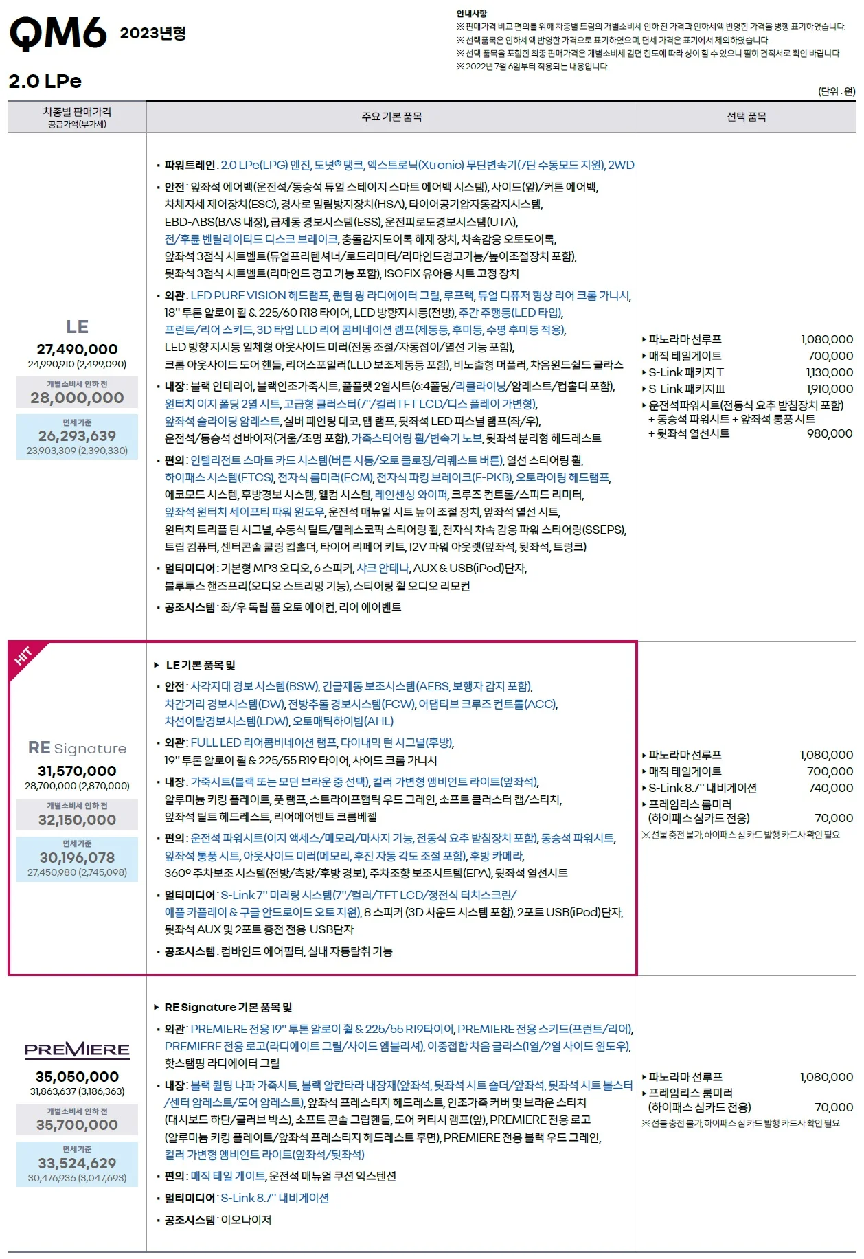 QM6 가격표 - 2022년 07월 (트림변경) 1쪽