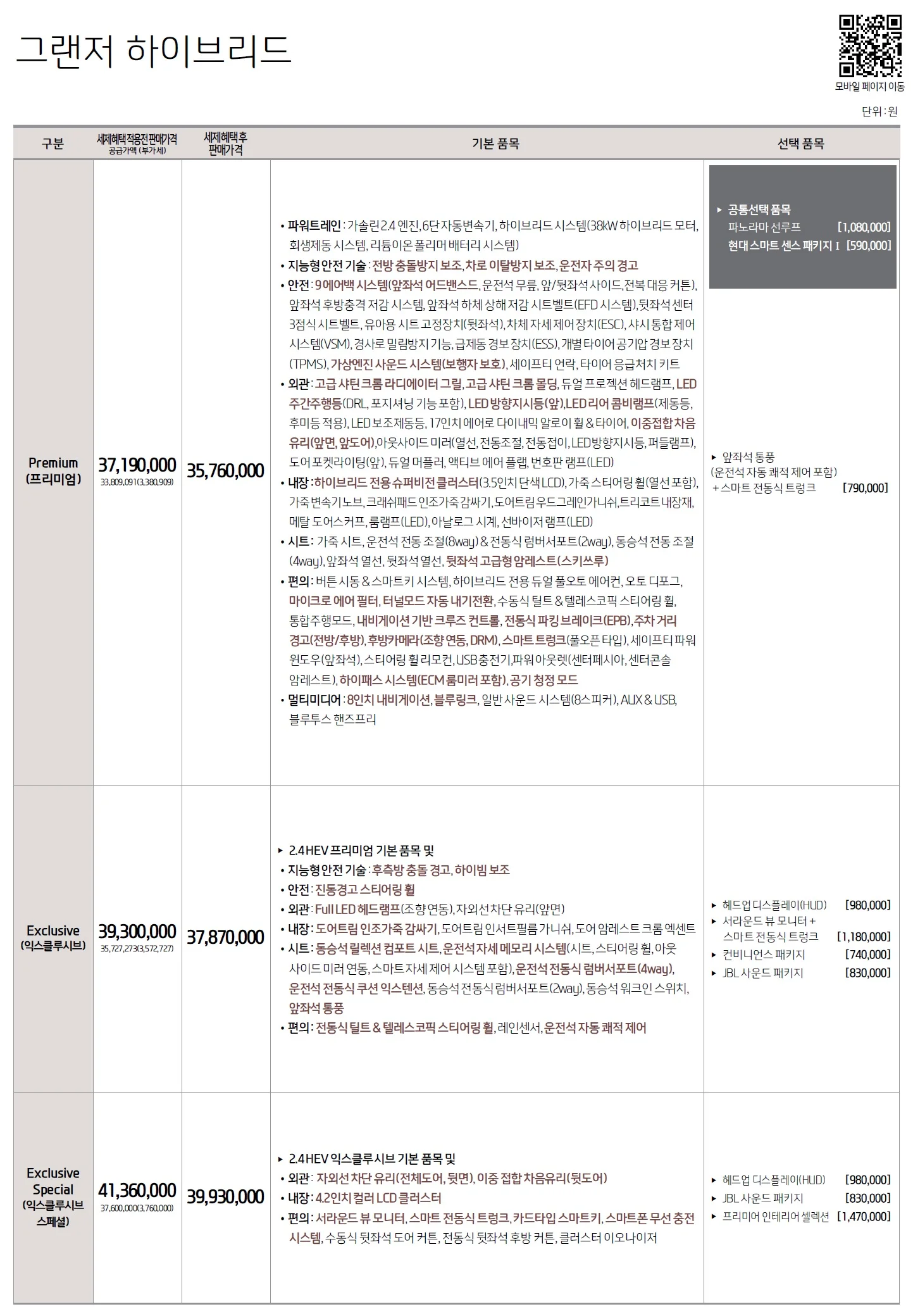 그랜저 하이브리드 가격표 - 2019년 06월 1쪽