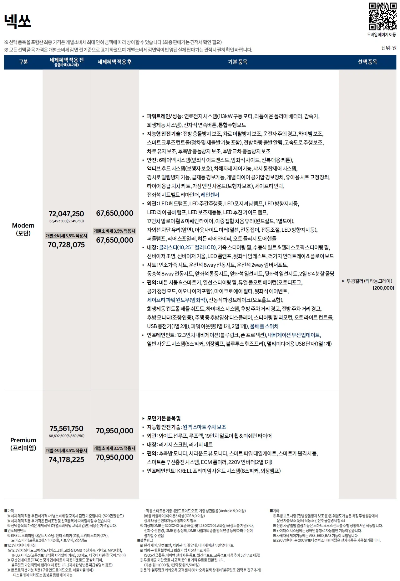 넥쏘 가격표 - 2022년형 (2021년 01월) 1쪽