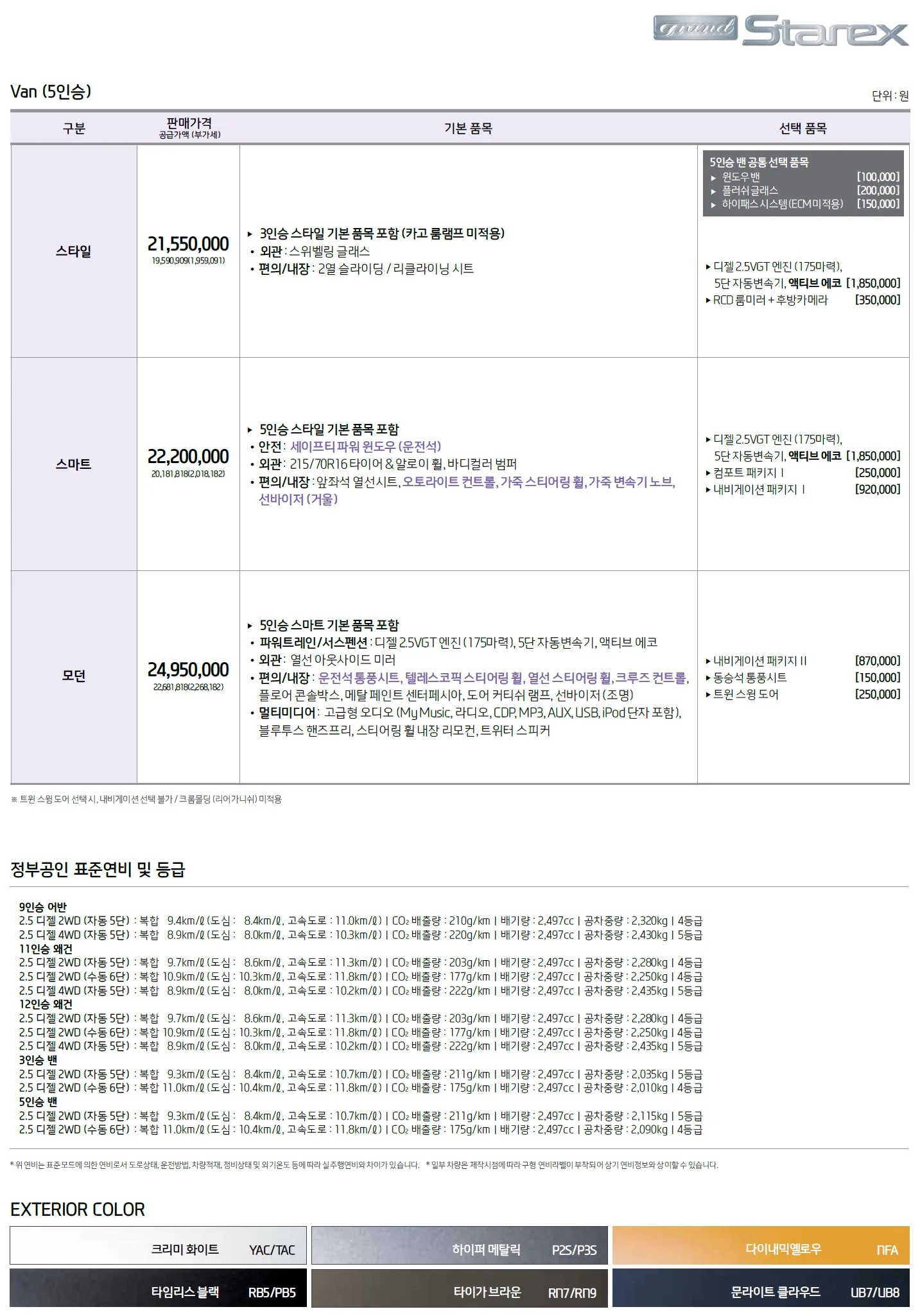 스타렉스 가격표 (디젤, 2019년형, 2023 아카이브) 4쪽