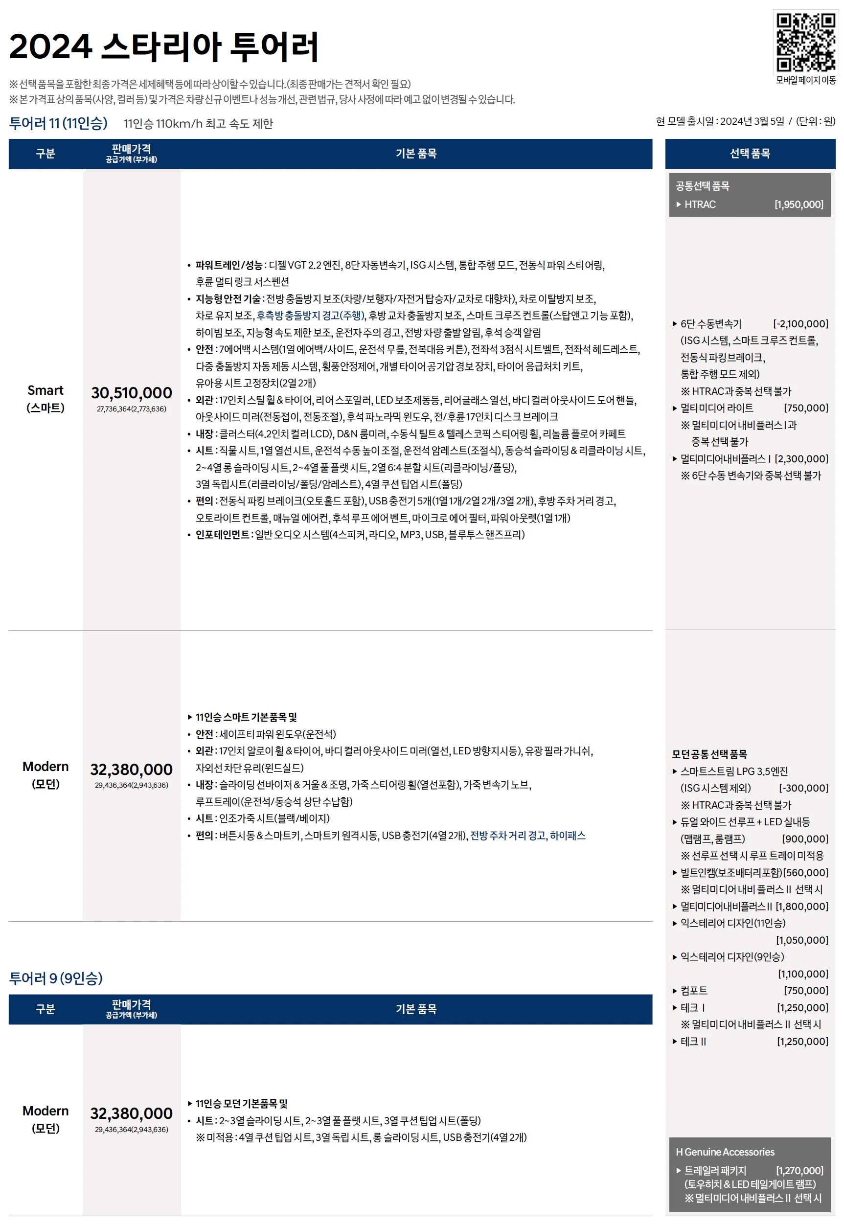 스타리아 투어러 / 카고 / 특장차 가격표 - 2024년 03월 1쪽