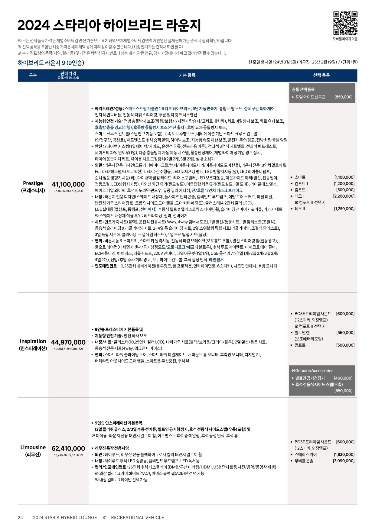 2025년 5월 스타리아 라운지 하이브리드 신차가격표 1쪽