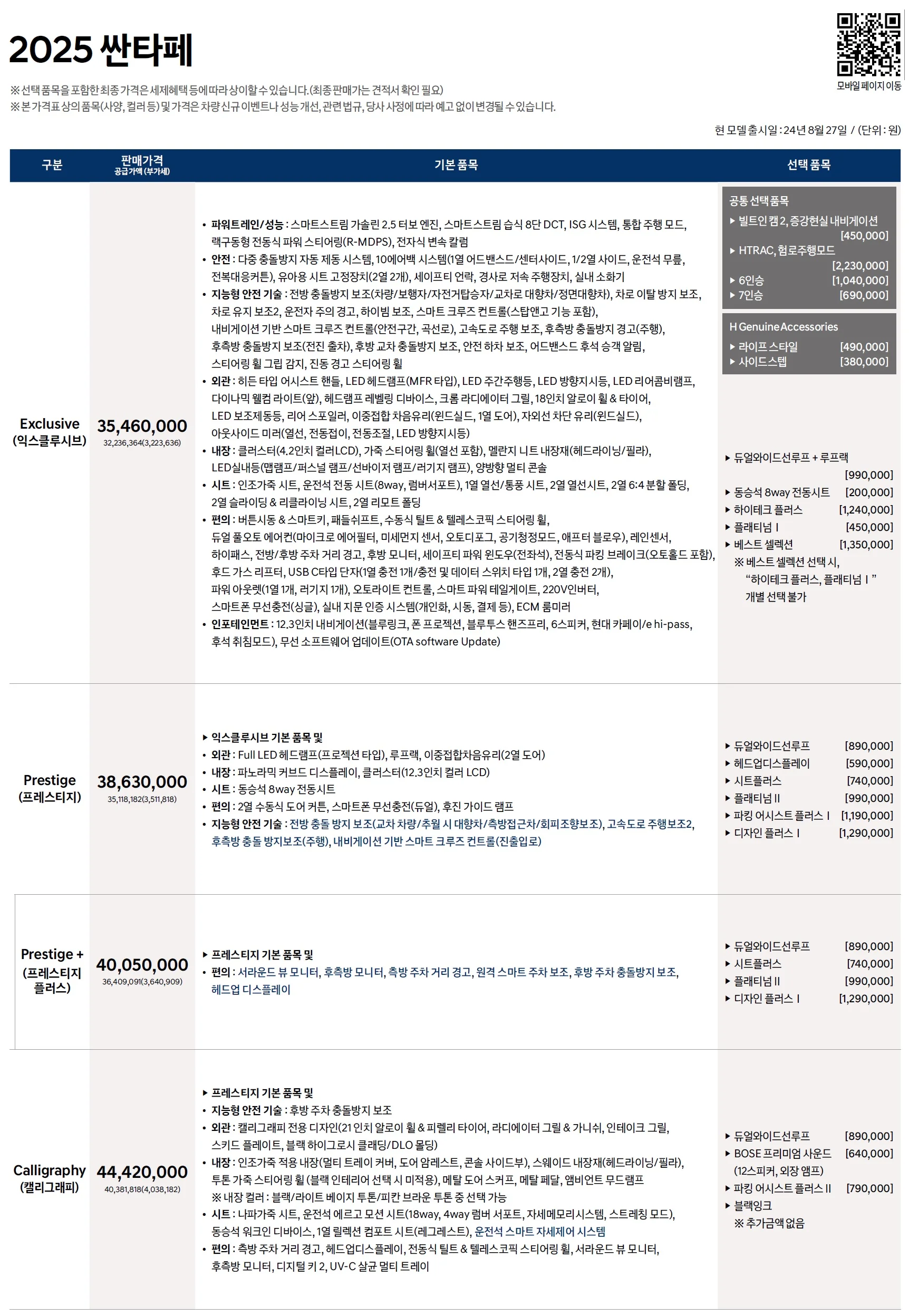 싼타페 가격표 - 2024년 08월 (2025년형) 1쪽