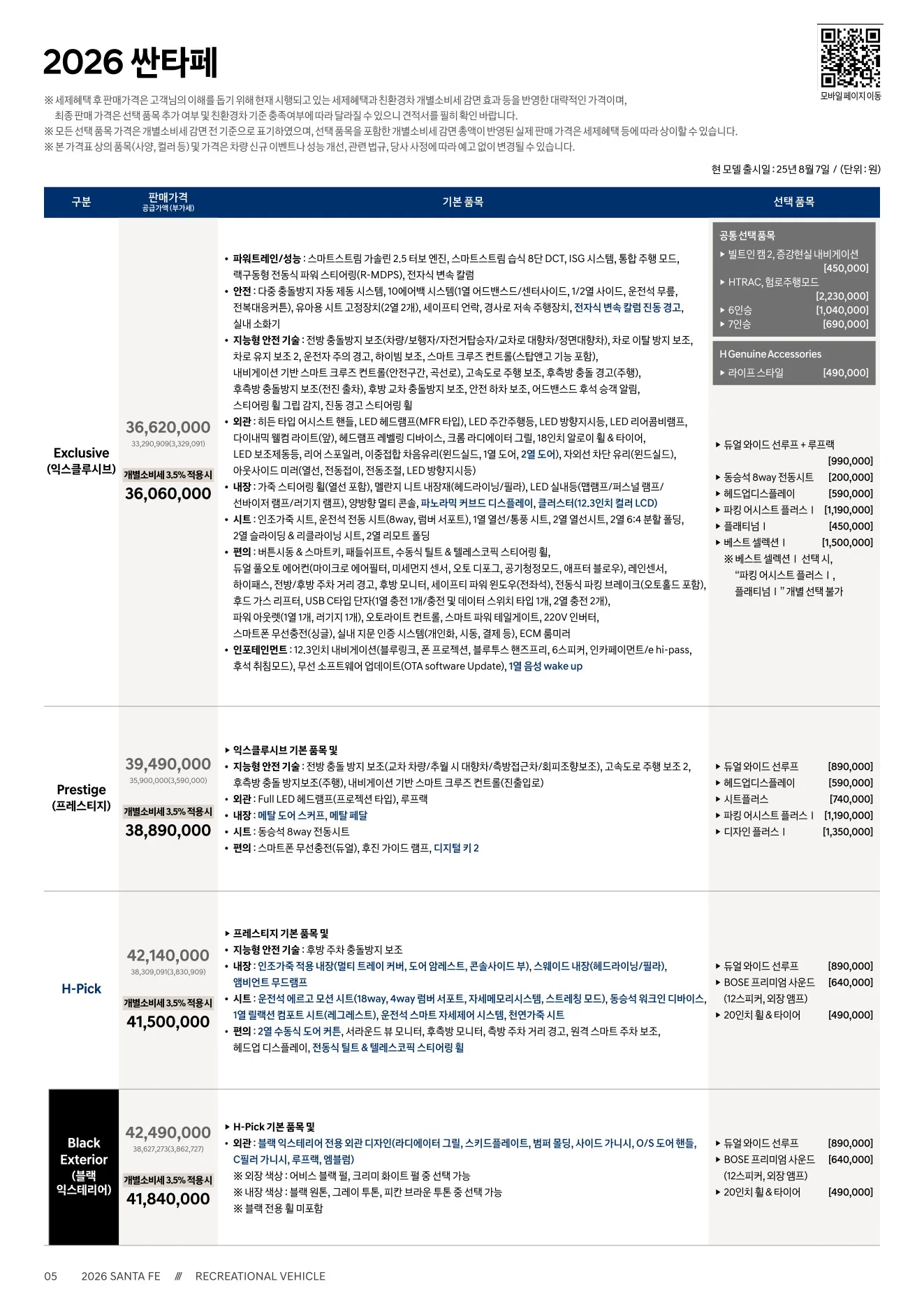 2026년 6월 싼타페 신차가격표 1쪽