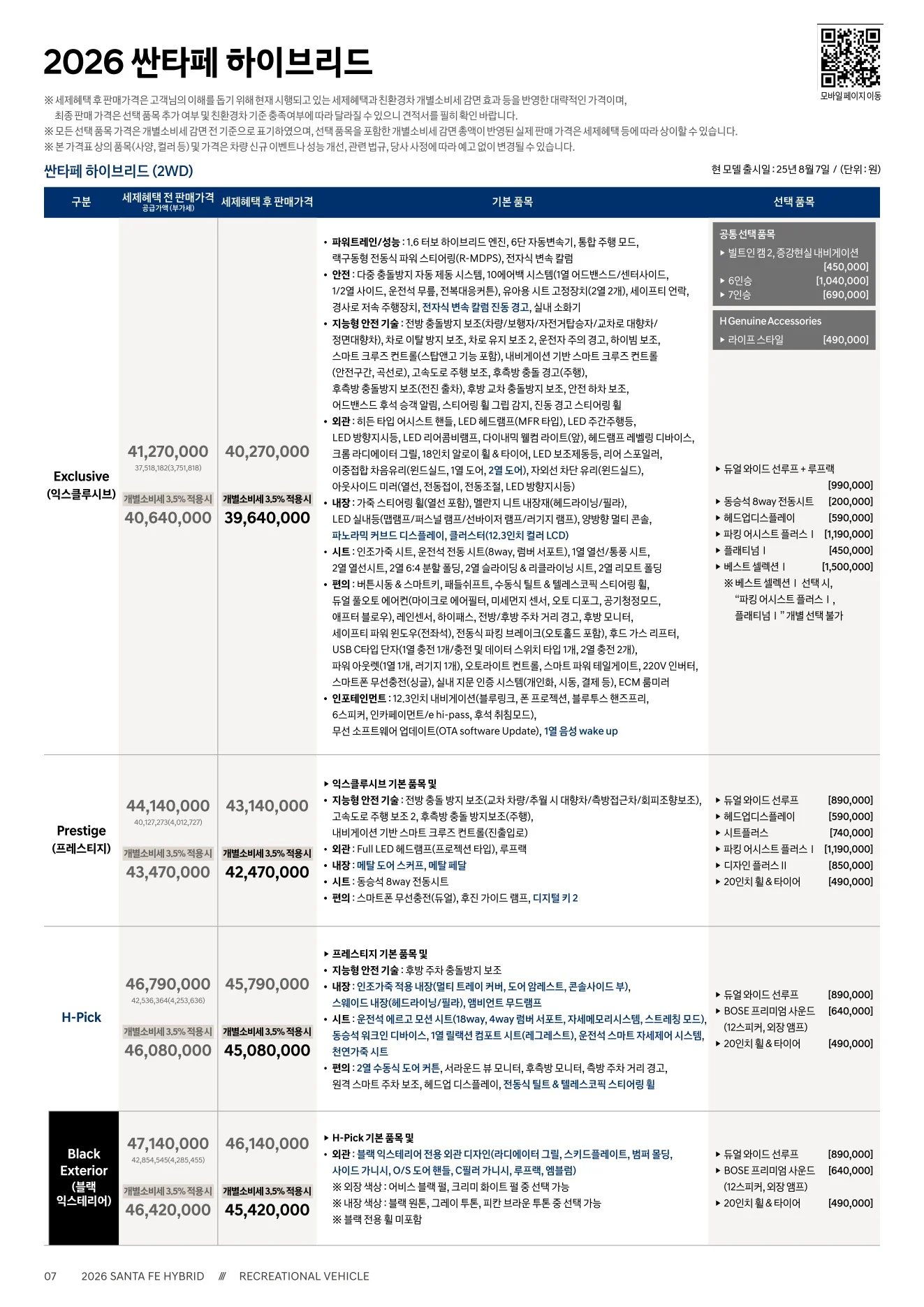 2026년 6월 싼타페 하이브리드 신차가격표 1쪽