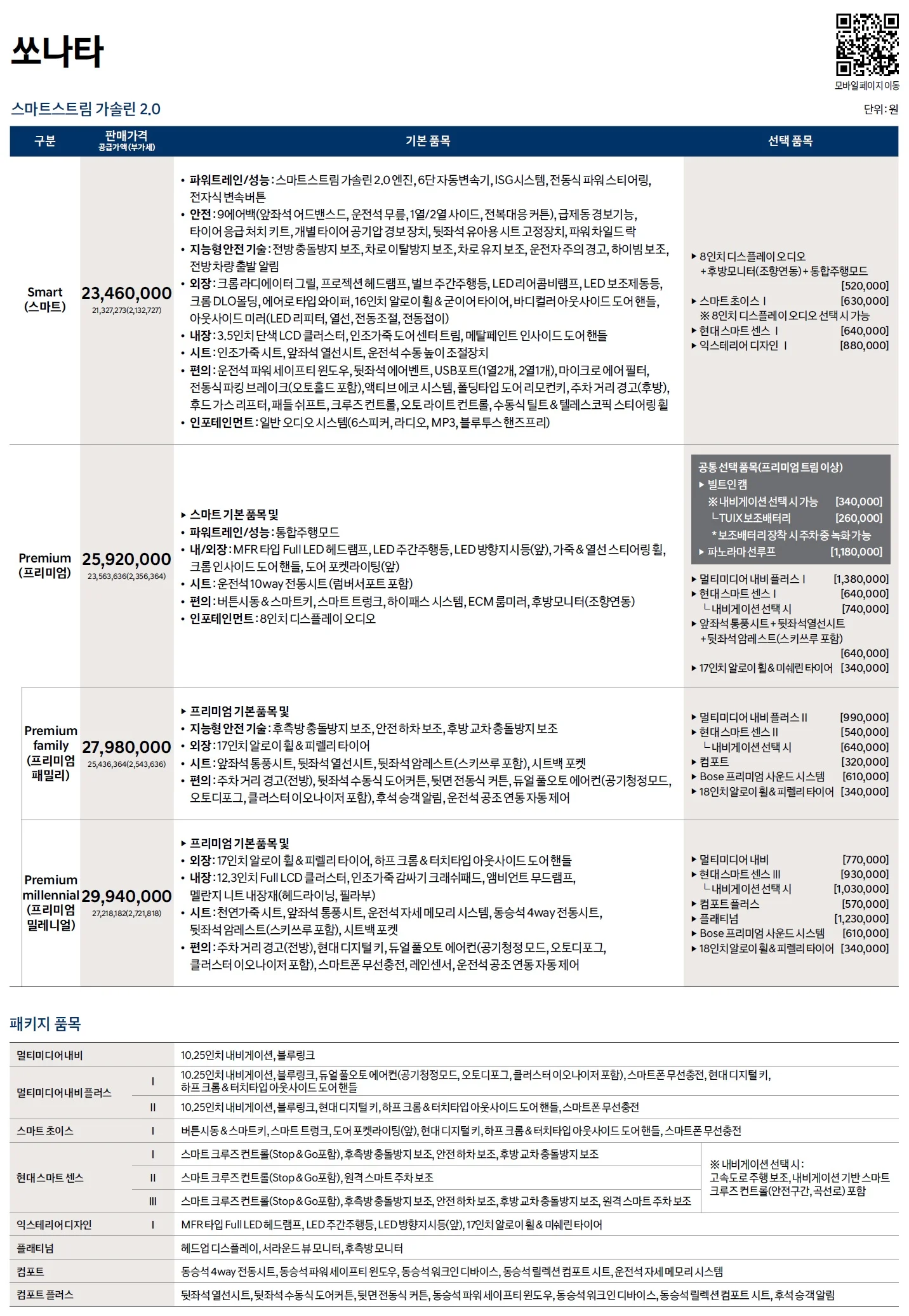 쏘나타 가격표 (가솔린, 2019년형, 2023 아카이브) 3쪽