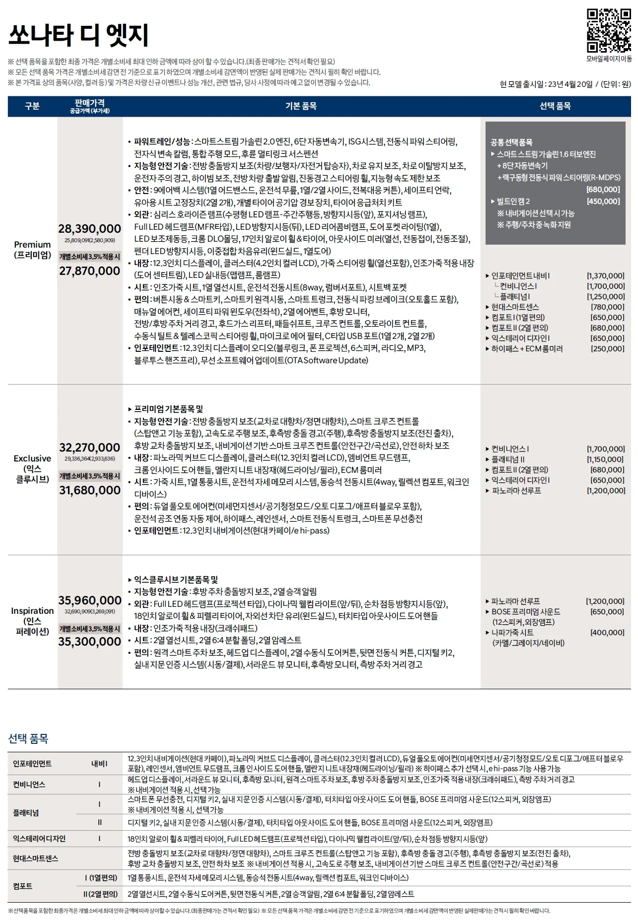 쏘나타 가격표 - 2023년 04월 (쏘나타 디엣지) 1쪽
