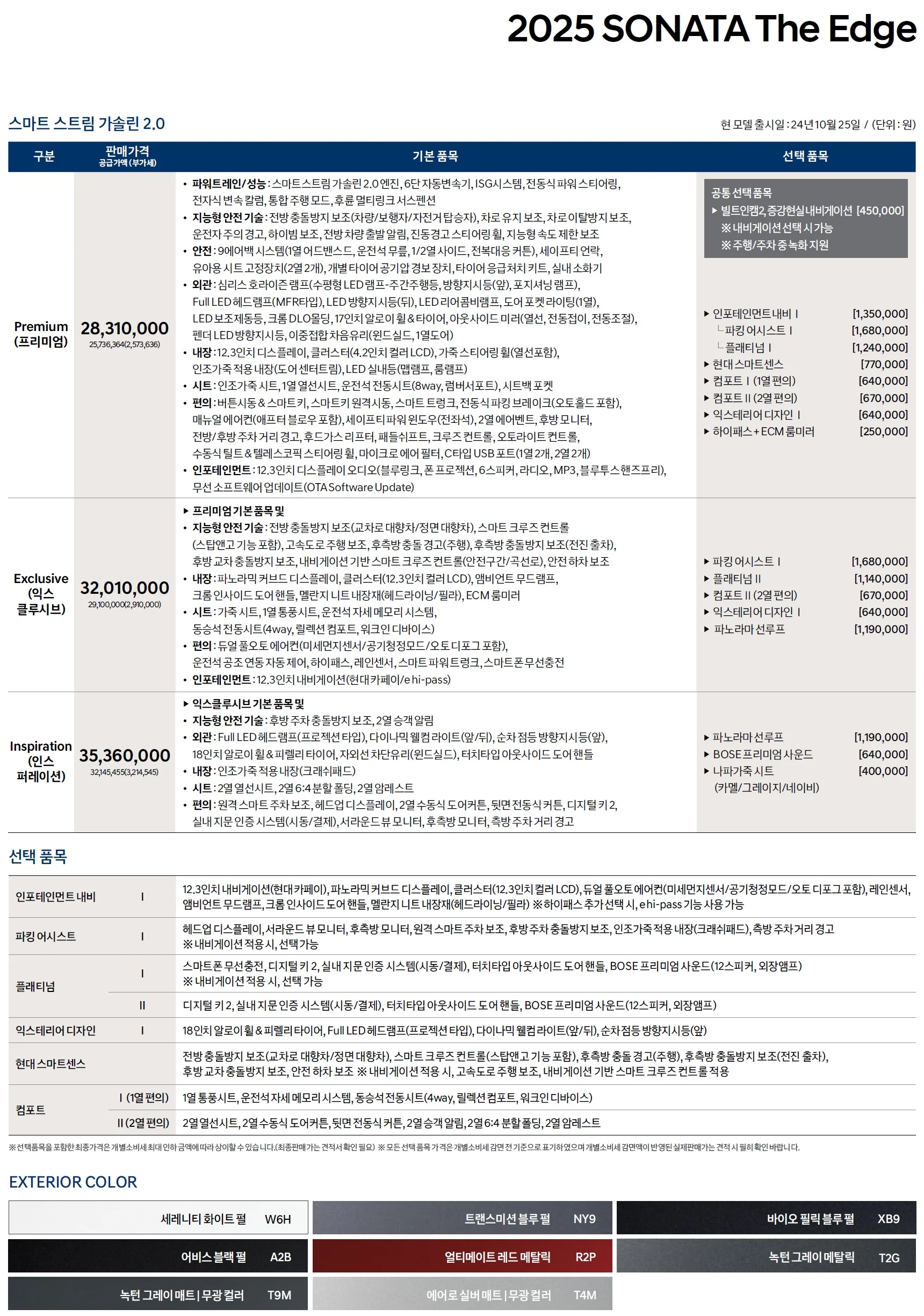 쏘나타 가격표 - 2024년 10월(2025) 2쪽