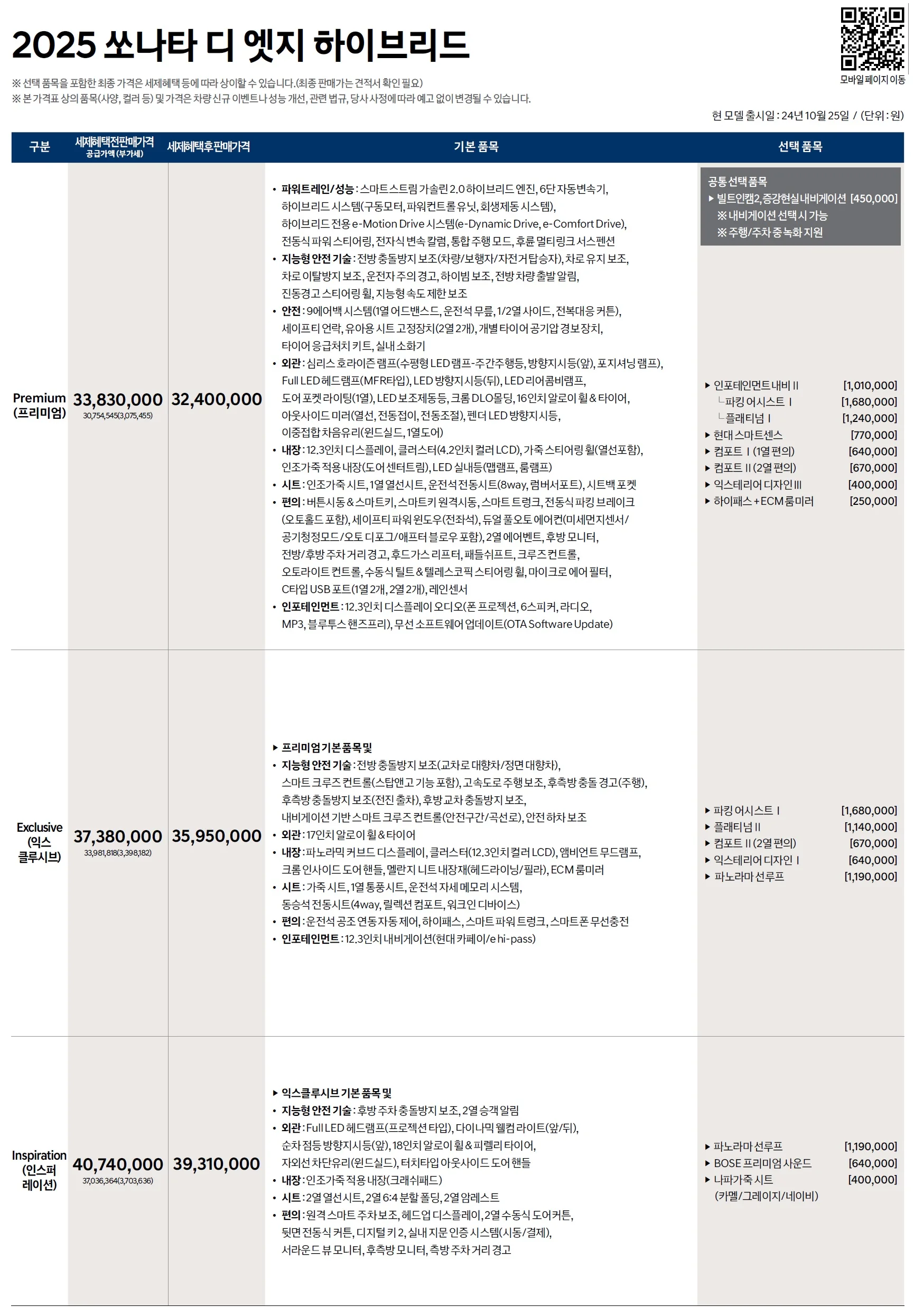 쏘나타 하이브리드 가격표 - 2024년 10월(2025) 1쪽