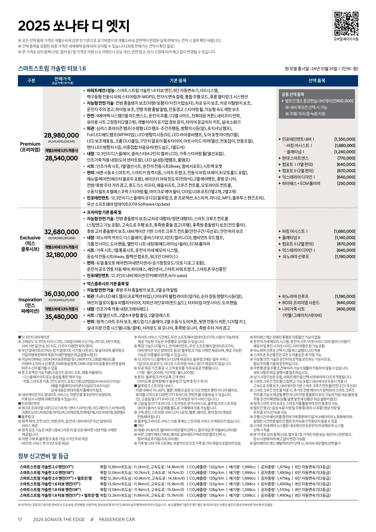 2025년 5월 쏘나타 신차가격표 1쪽