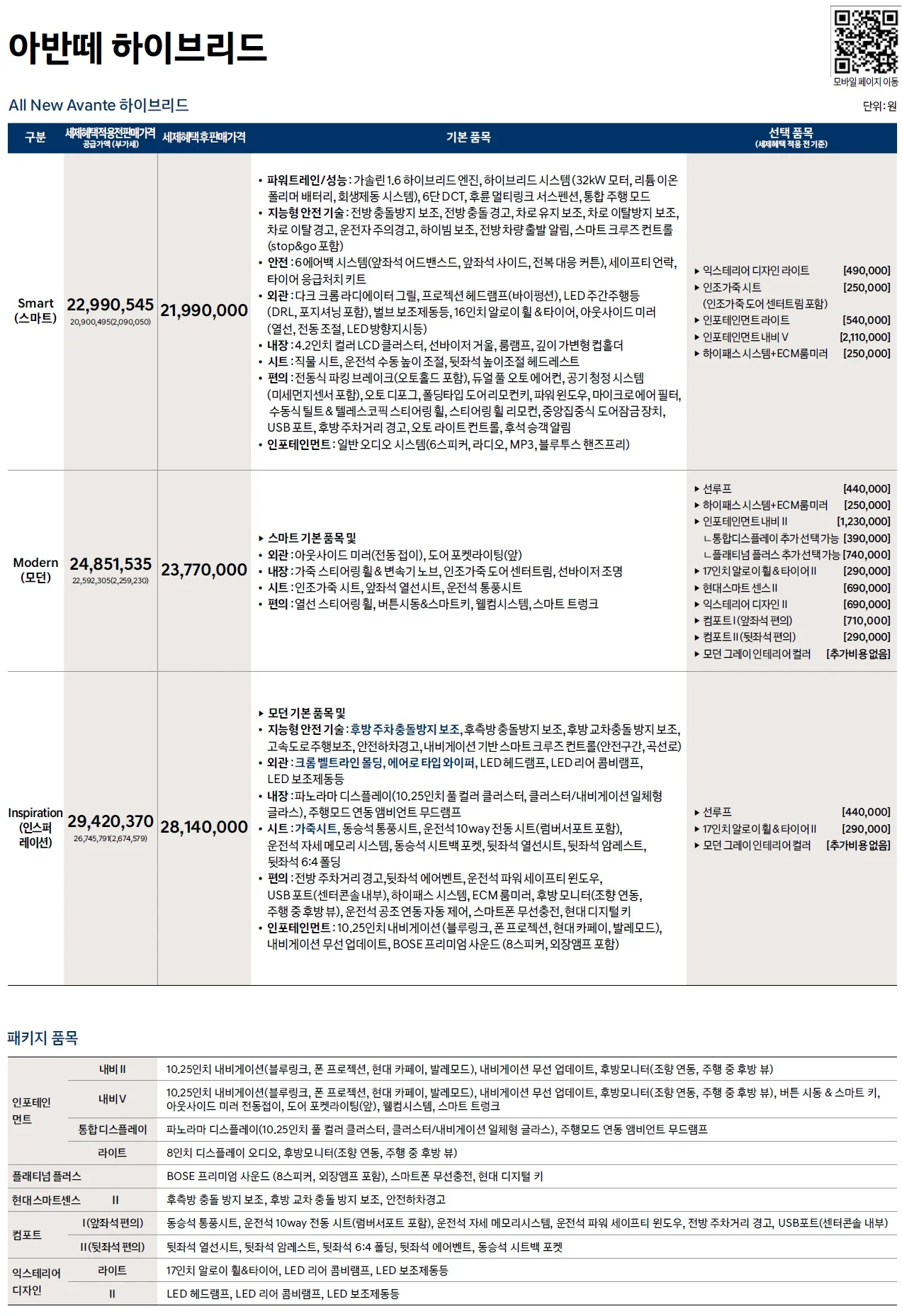 아반떼 가격표 (하이브리드, 2020년형, 2023 아카이브) 1쪽