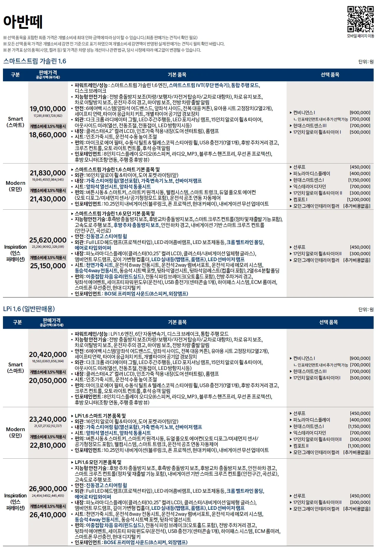 아반떼 가격표 (가솔린, 2022년형, 2023 아카이브) 1쪽