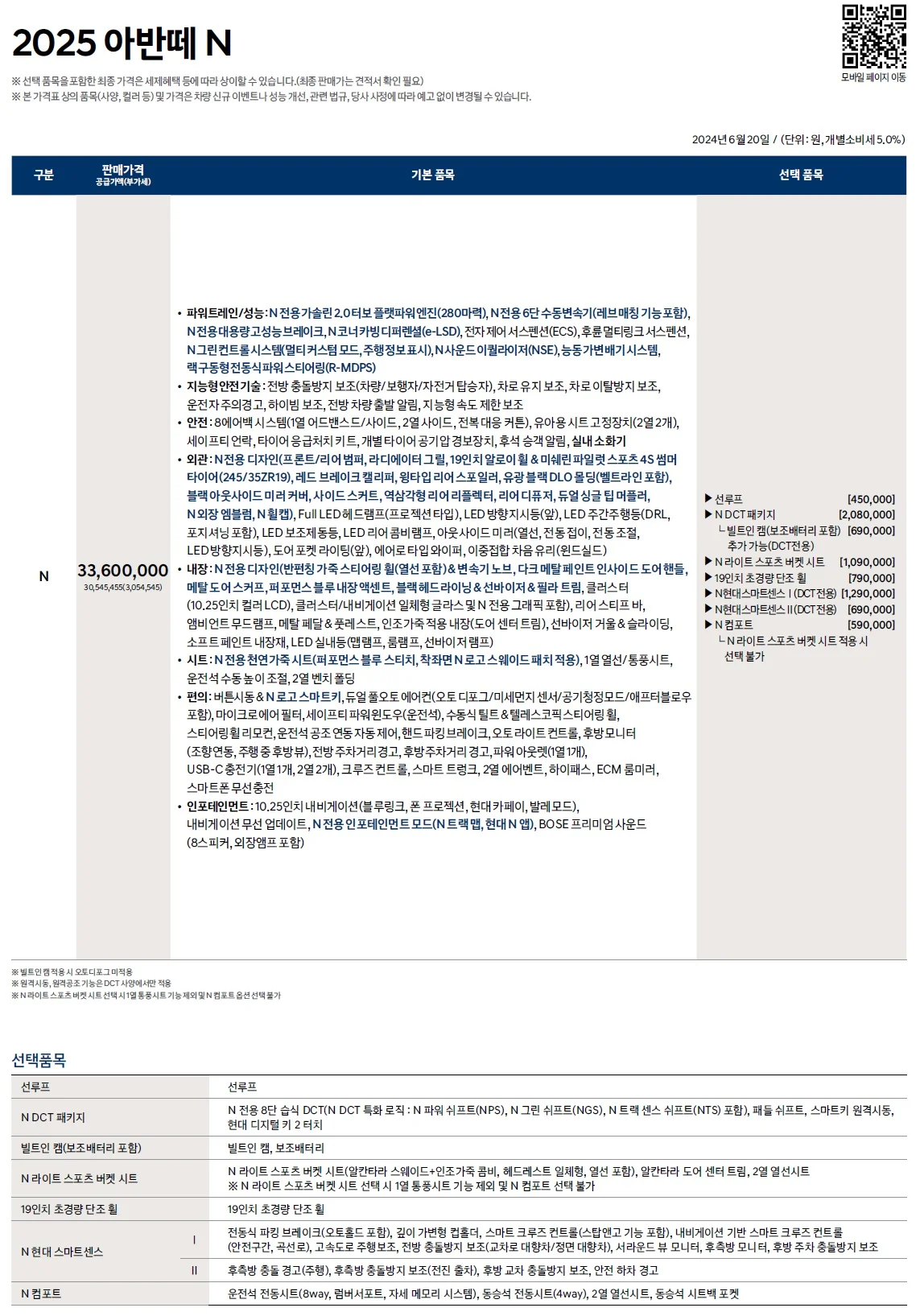 아반떼 N 가격표 - 2024년 06월(2025년형) 1쪽