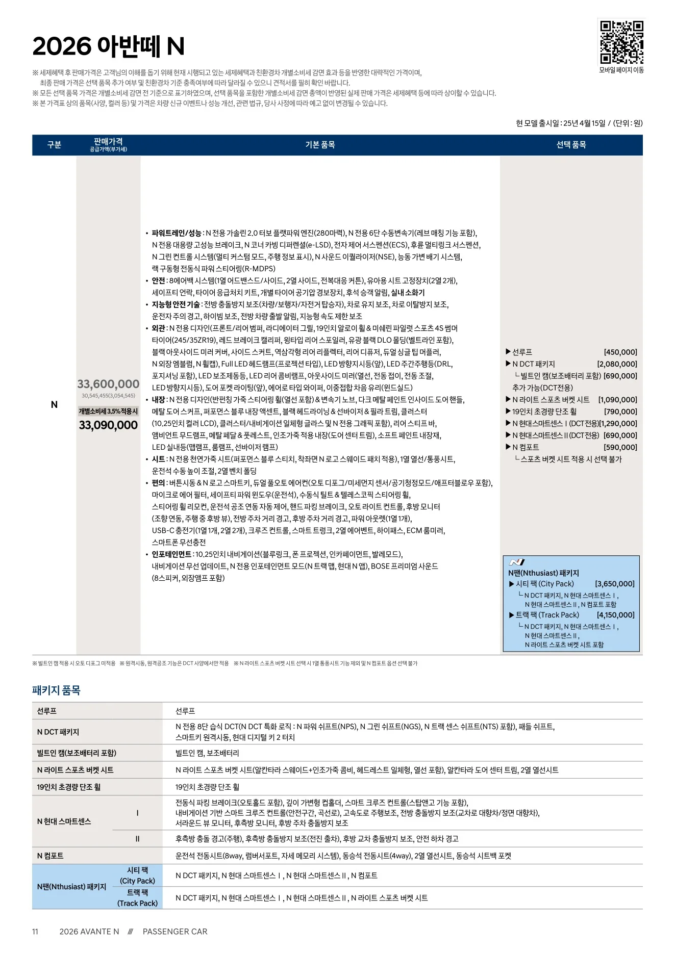 2026년 6월 아반떼N 신차가격표 1쪽