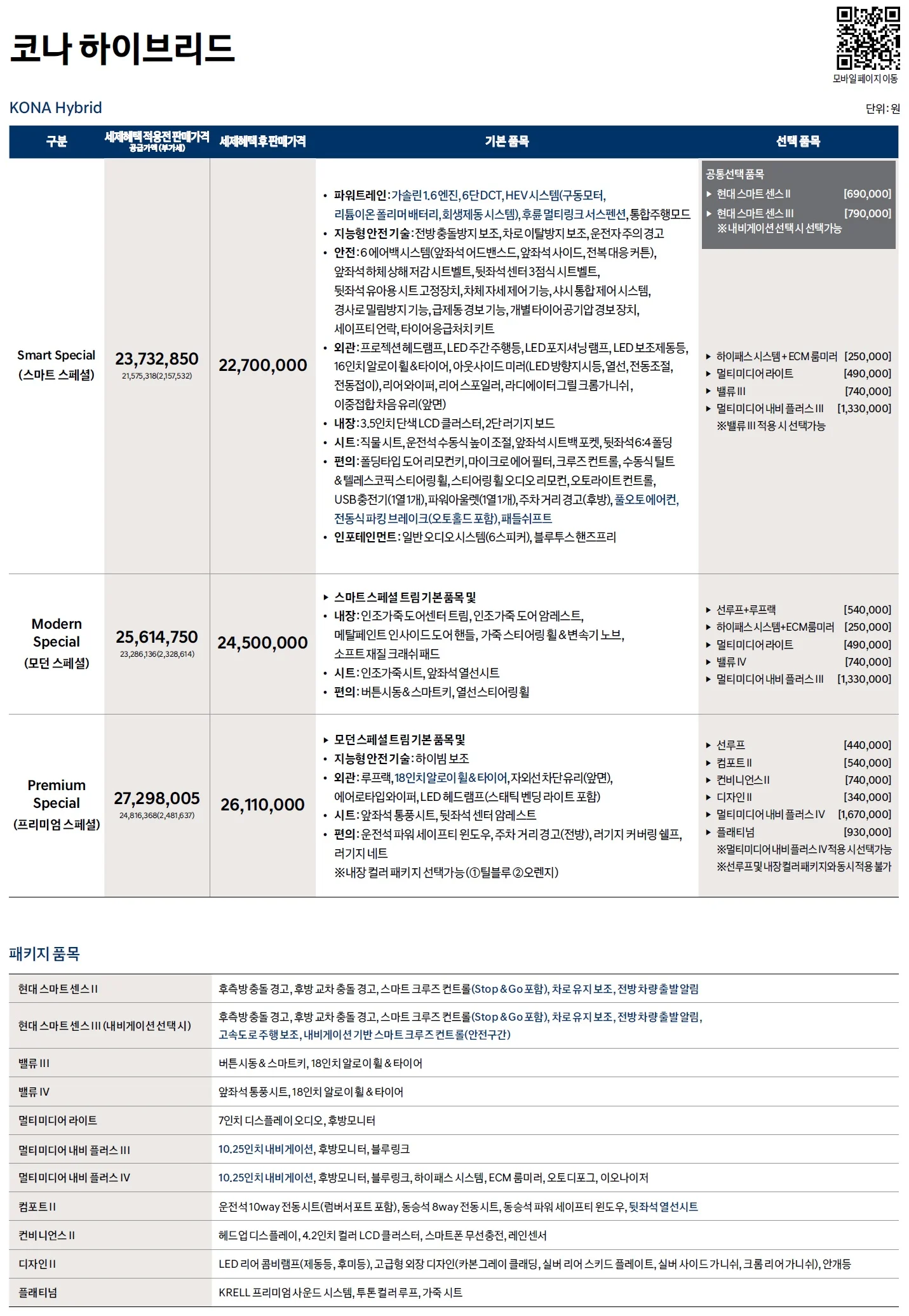 코나 가격표 (하이브리드, 2020년형, 2023 아카이브) 1쪽