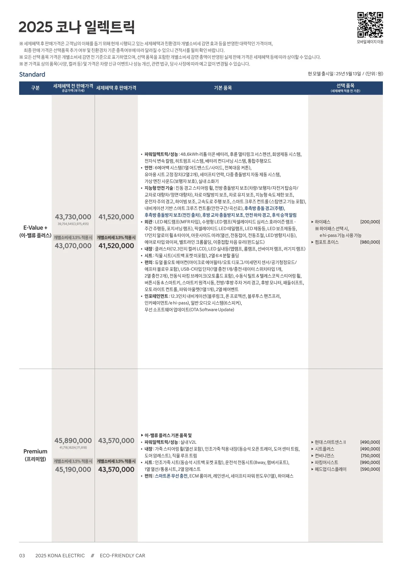 2025년 12월 코나 일렉트릭 신차가격표 1쪽