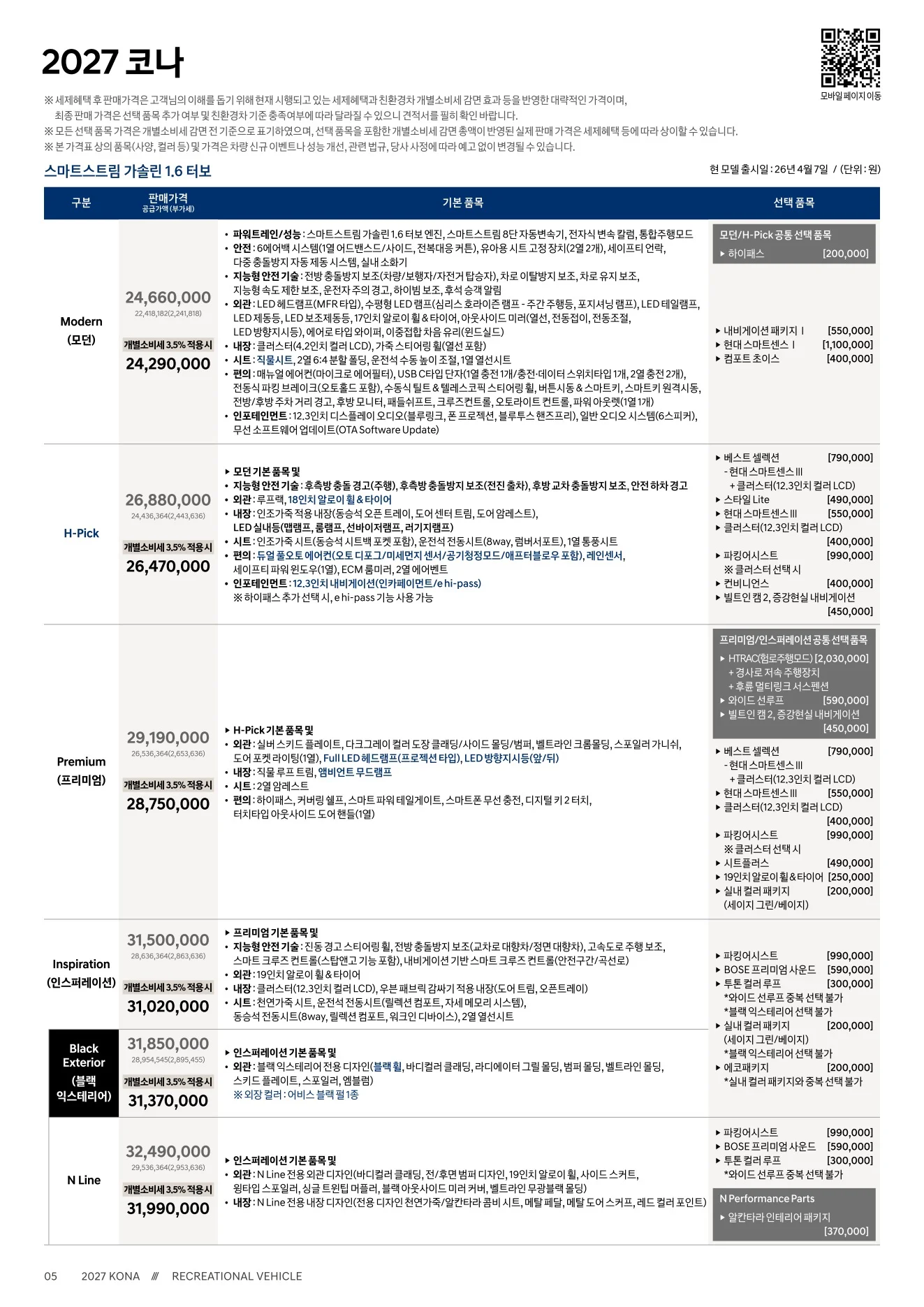 2026년 4월 코나 신차가격표 (2027년형 코나 출시) 1쪽