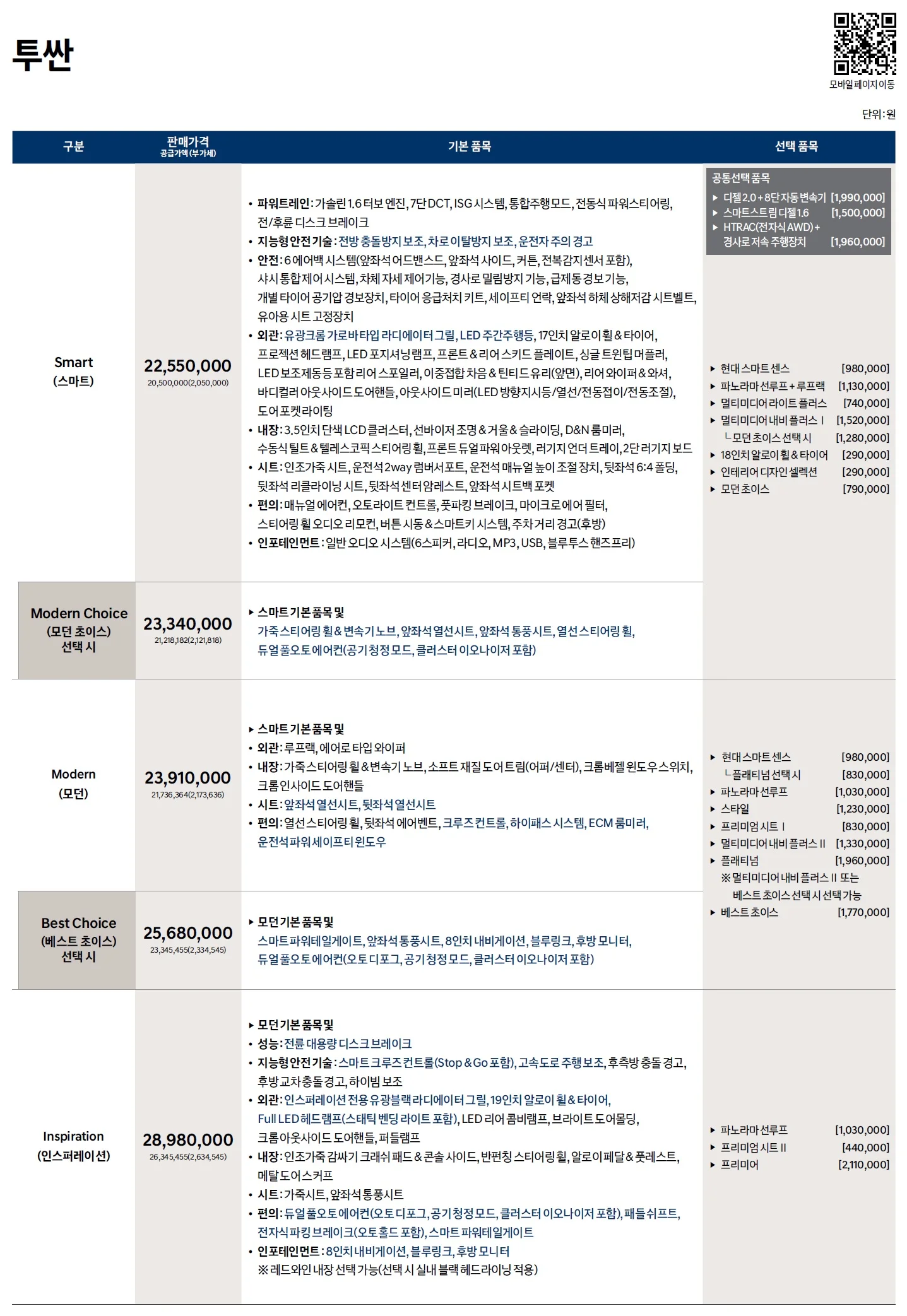 투싼 가격표 (가솔린, 2020년형, 2023 아카이브) 1쪽