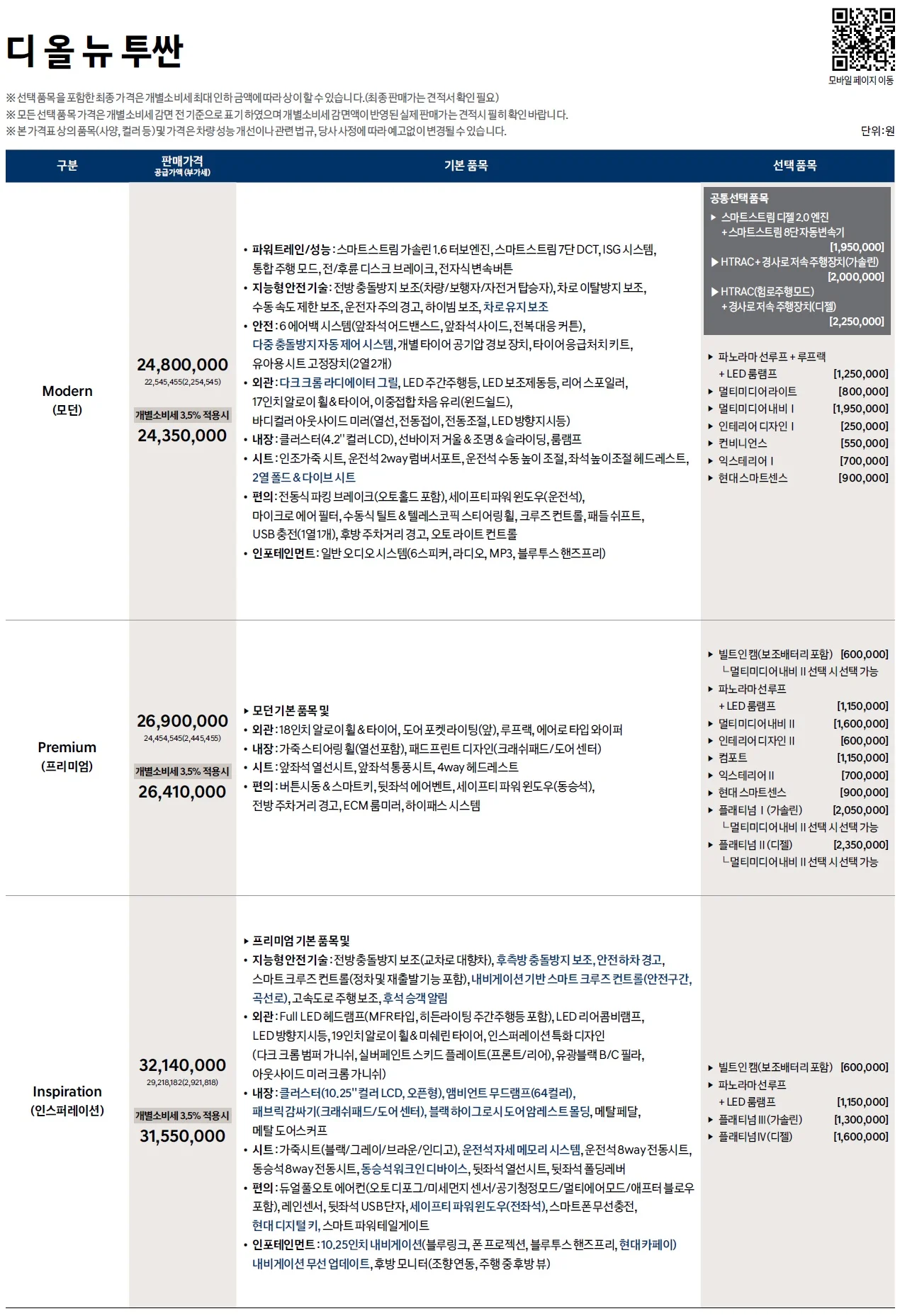 투싼 가격표 (디젤, 2022년형, 2023 아카이브) 1쪽