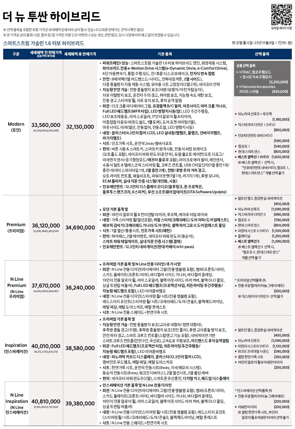 투싼 하이브리드 가격표 - 2023년 12월 1쪽