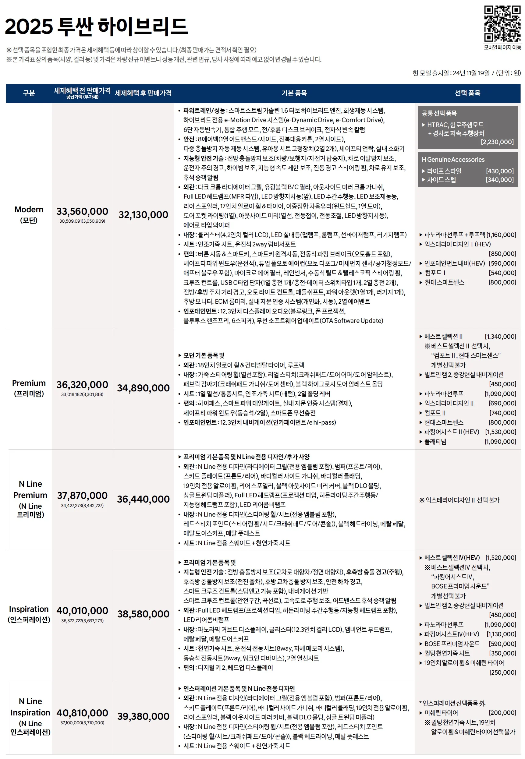 투싼 하이브리드 가격표 - 2024년 11월(2025) 1쪽