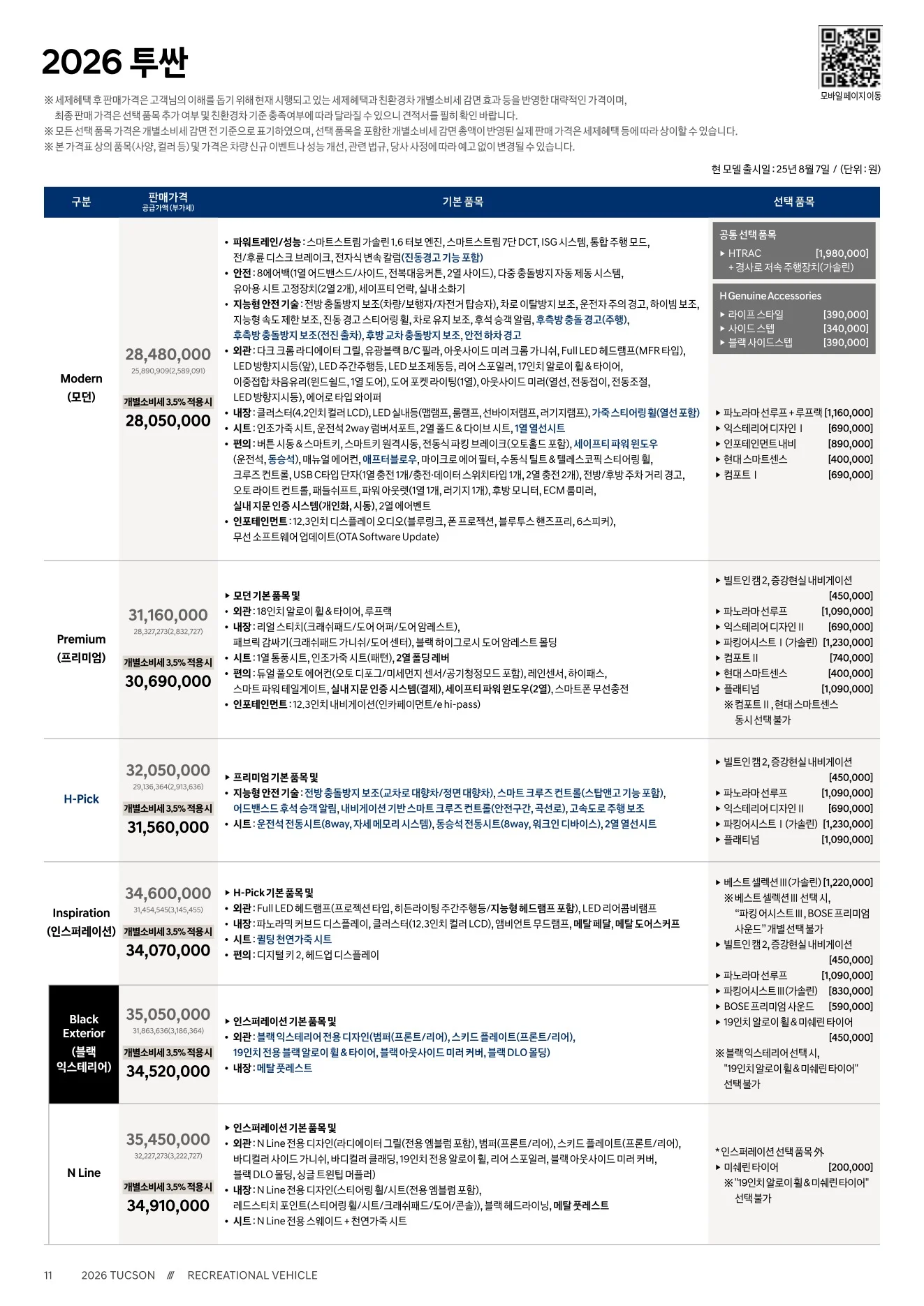 2026년 6월 투싼 신차가격표 1쪽