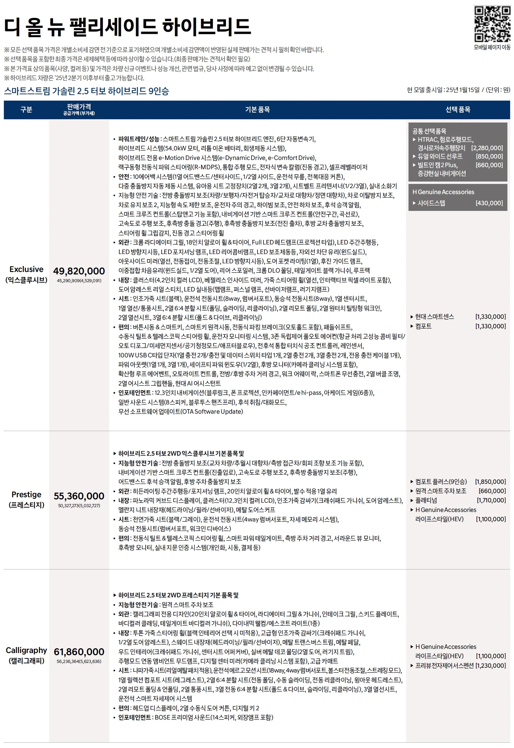 팰리세이드 하이브리드 가격표 - 2025년 01월 1쪽