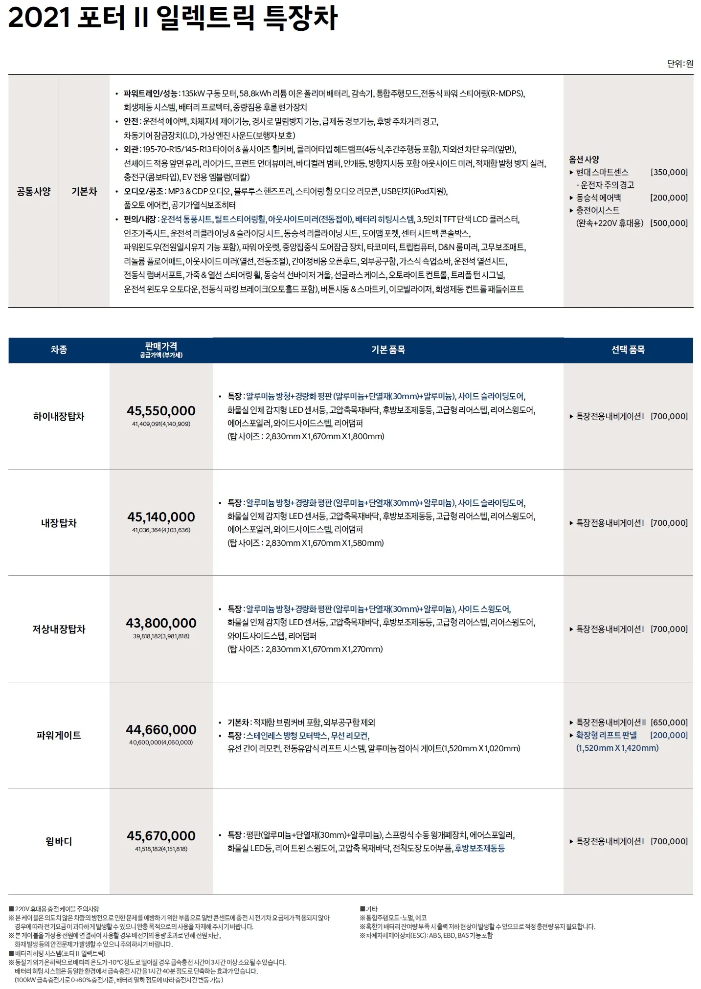 포터 전기 특장차 가격표 - 2021년 02월(출시) 1쪽