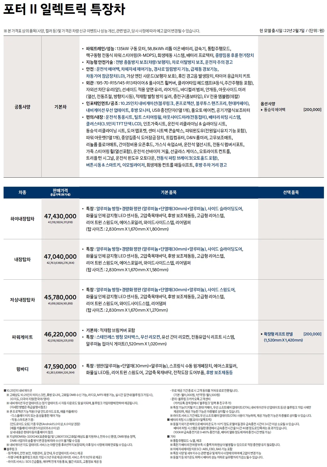 포터 전기 특장차 가격표 - 2022년 02월 1쪽