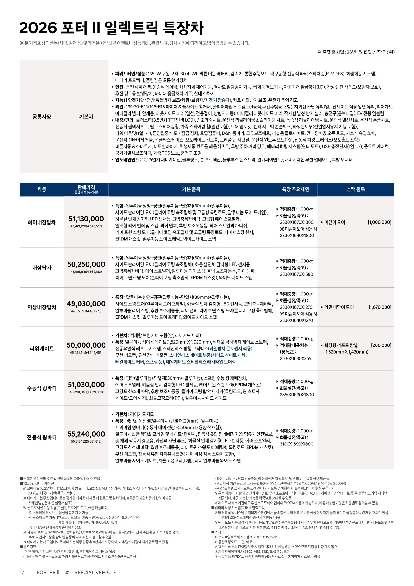 2026년 6월 포터2 일렉트릭 특장차 신차가격표 1쪽