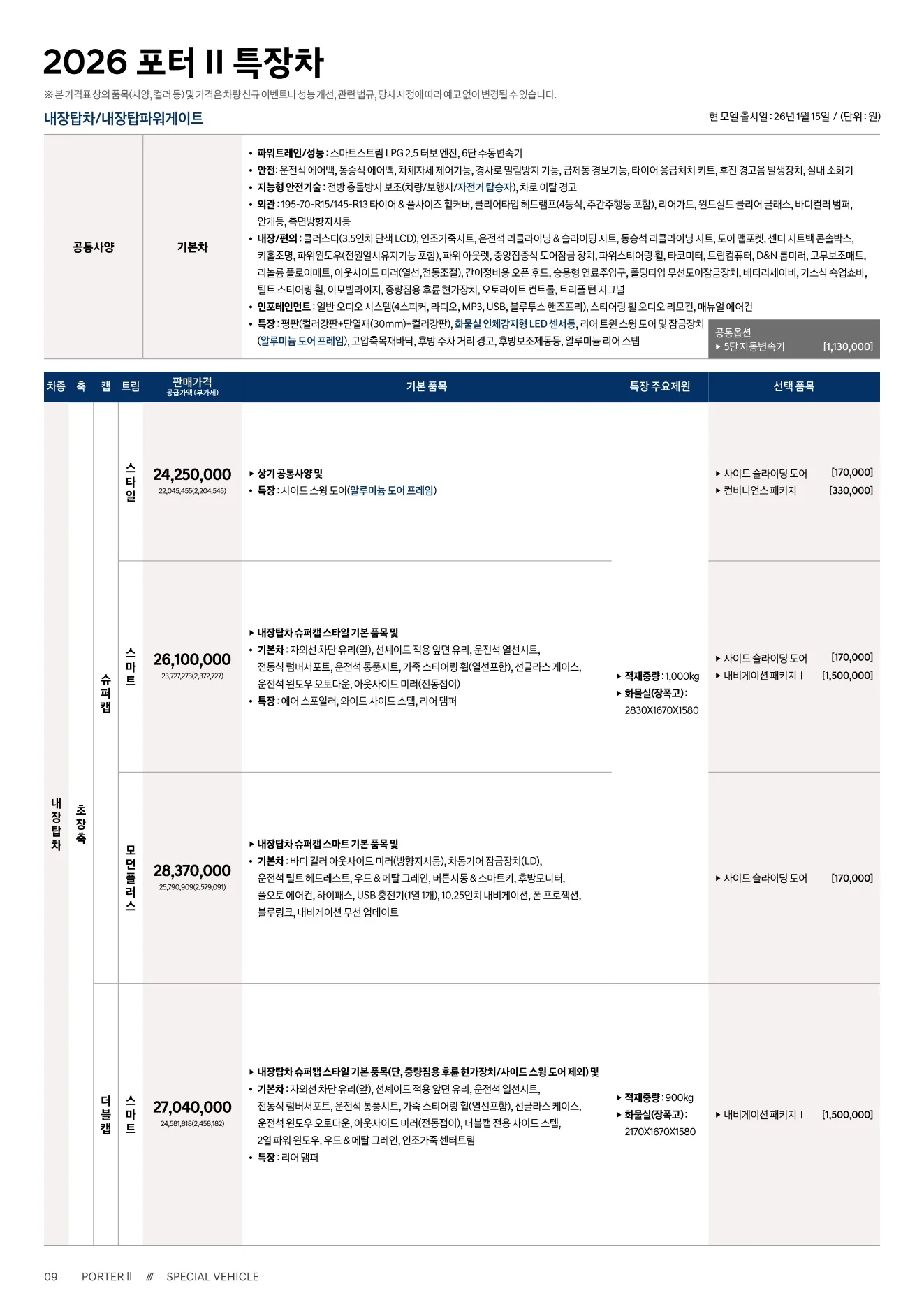 2026년 6월 포터2 특장차 신차가격표 1쪽